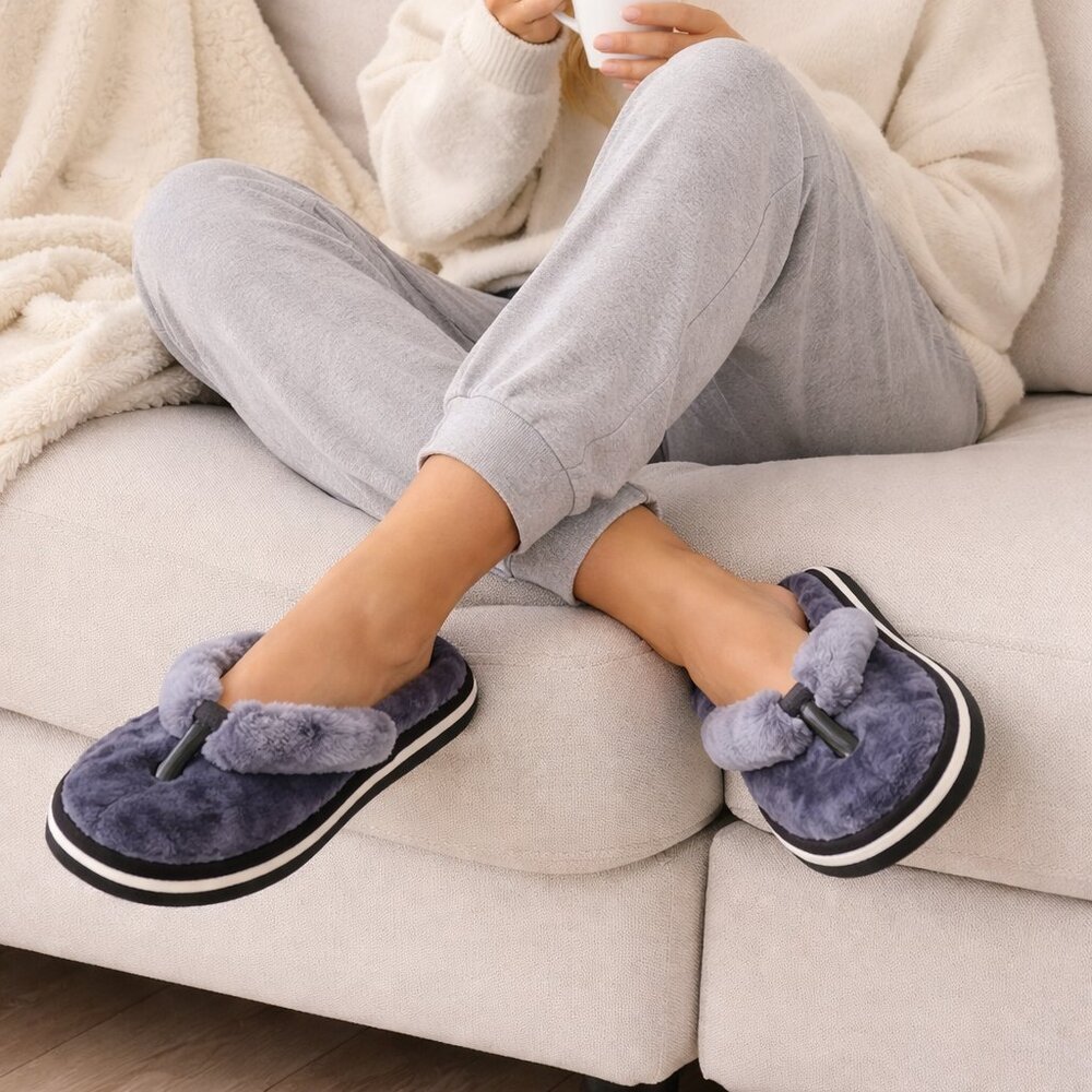 Sale Yug Fuzzy Plush Flip Flop Slippers Cozy Soft Indoor Comfort Sandals Grey 6